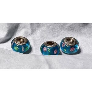 NEW SET OF 3 PANDORA MURANO BEADS TRANSLUCENT LT BLUE W/PINK & WHITE FLOWERS - B